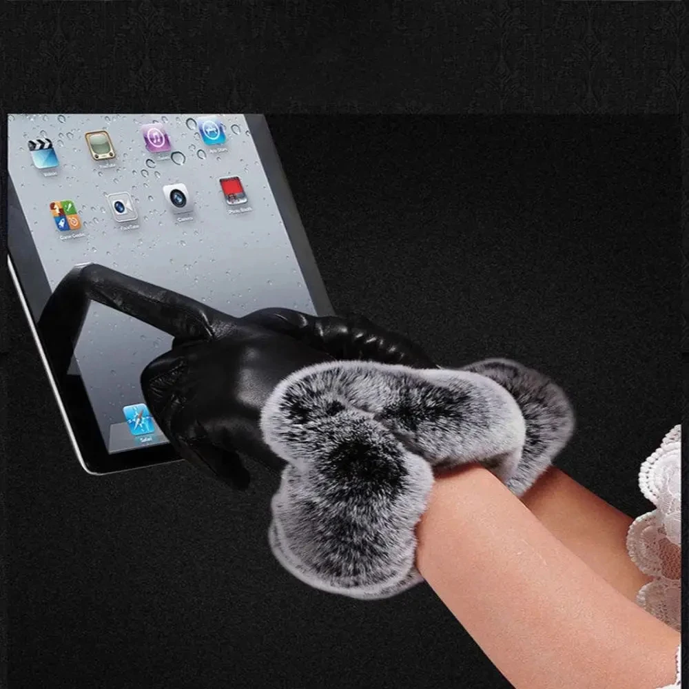 قفازات الشتاء النسائية أرنب صناعي بولي Leather الجلود شاشة تعمل باللمس القفازات سيدة أنثى القيادة في الهواء الطلق قفازات دافئة #3