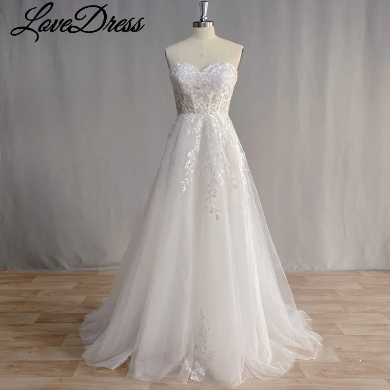 Lovefur s-Robe de Mariée Trapèze en Dentelle, Dos aux, Fermeture Éclair, Tulle, Train, Image Réelle