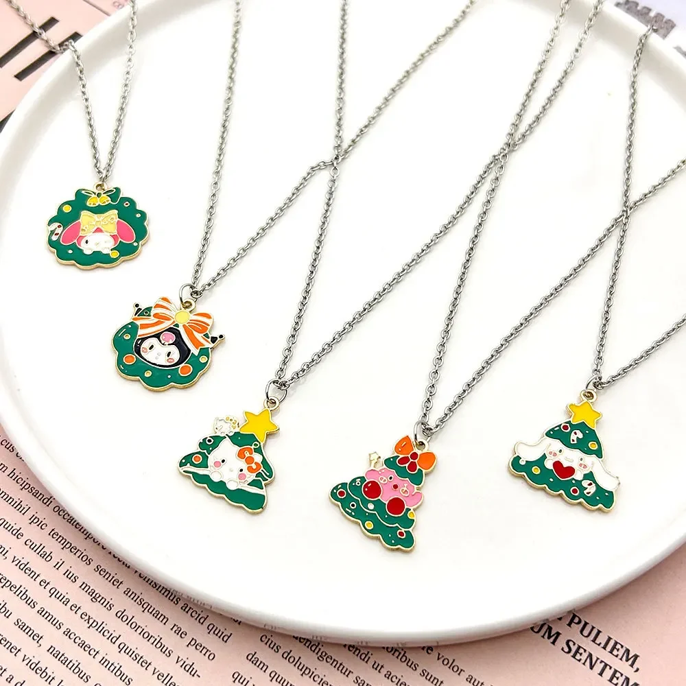 Sanrios Christmas Necklace Anime Hello Kittys Kuromi Melody Cinnamoroll Enamel Pendant Necklace for Women Party Jewelry Gifts