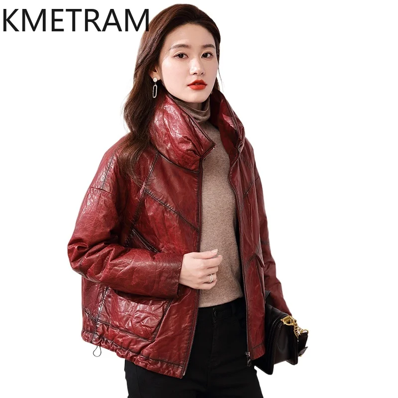 100% Sheepskin Genuine Leather Puffer Jacket Women Clothing Vintage Burgundy Down Coats Winter Stand Collar Jackets пуховик