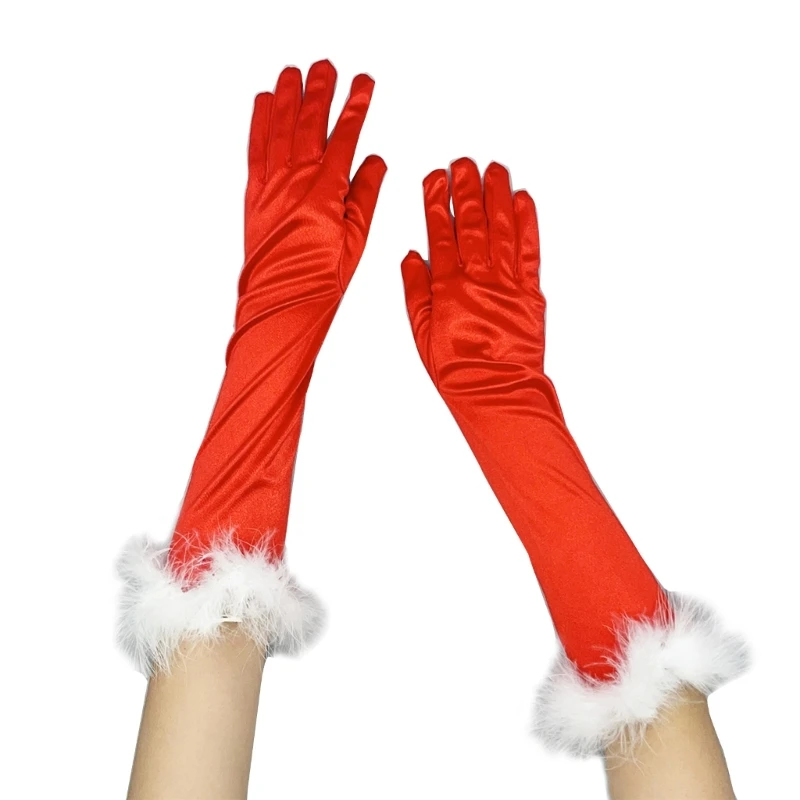 Y166 Teens Cosplay Santa Winter Gloves with Bells/White Cuffs Plush Keep Warm Gloves