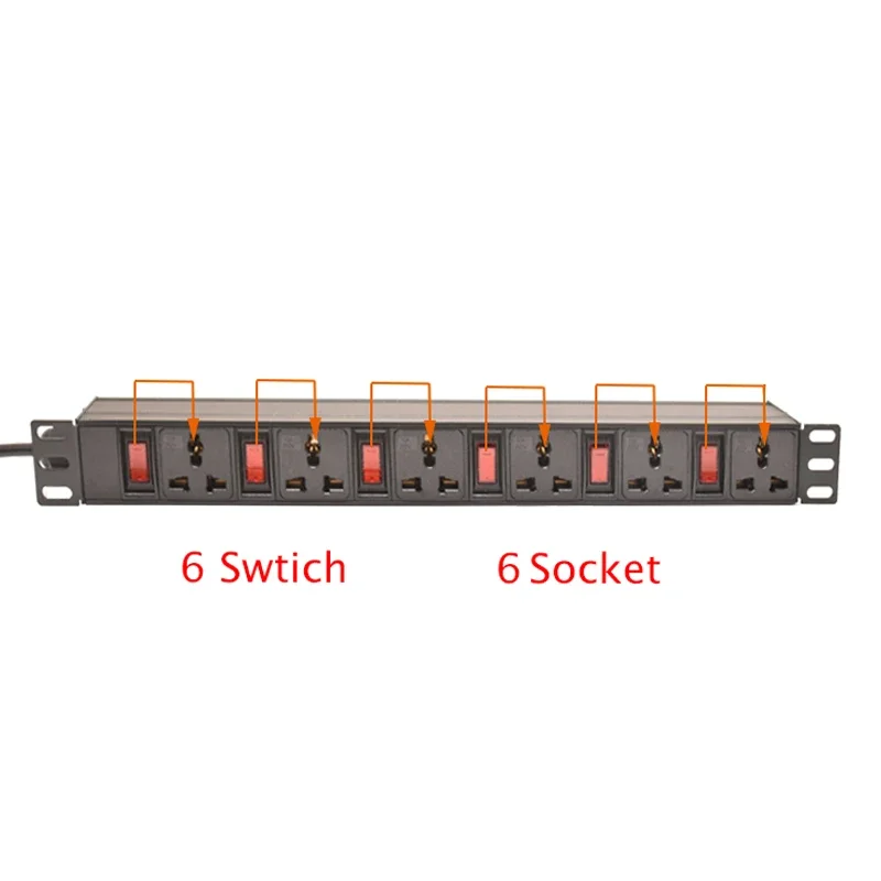 19inch PDU Power Strip Independent Switch 6ON/OFF 6Ways Universal Socket Power Distribution Unit 1U Cabinet Rack Mount