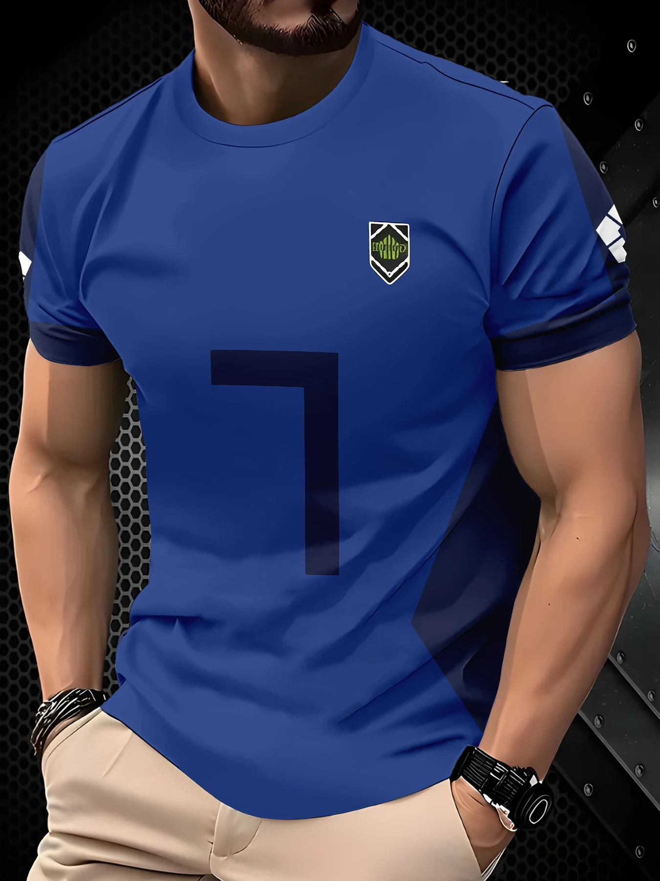 Men Two-Tone Blue Simple Large Number Chest Emblem Crew Neck Short Sleeve T-Shirt