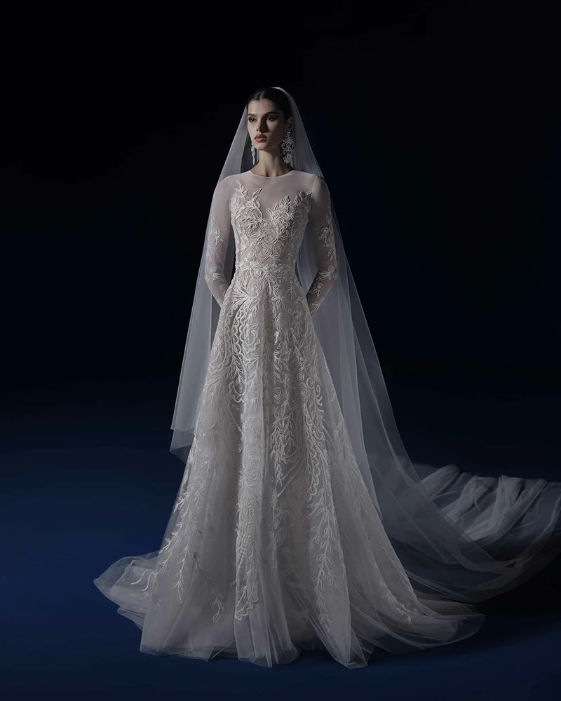 

Gorgeous A Line Wedding Dresses With Veil Scoop Sleeve Lace Applique Bridal Gown Sweep Train Vestido De Noiva Custom Size