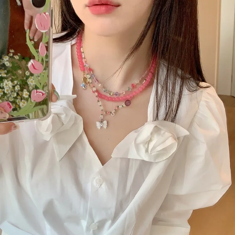 Pink Glass Beaded Necklace Minimalist Unique Design Lightweight Colorful Beads Choker Length Versatile Premium Jewelry for Women