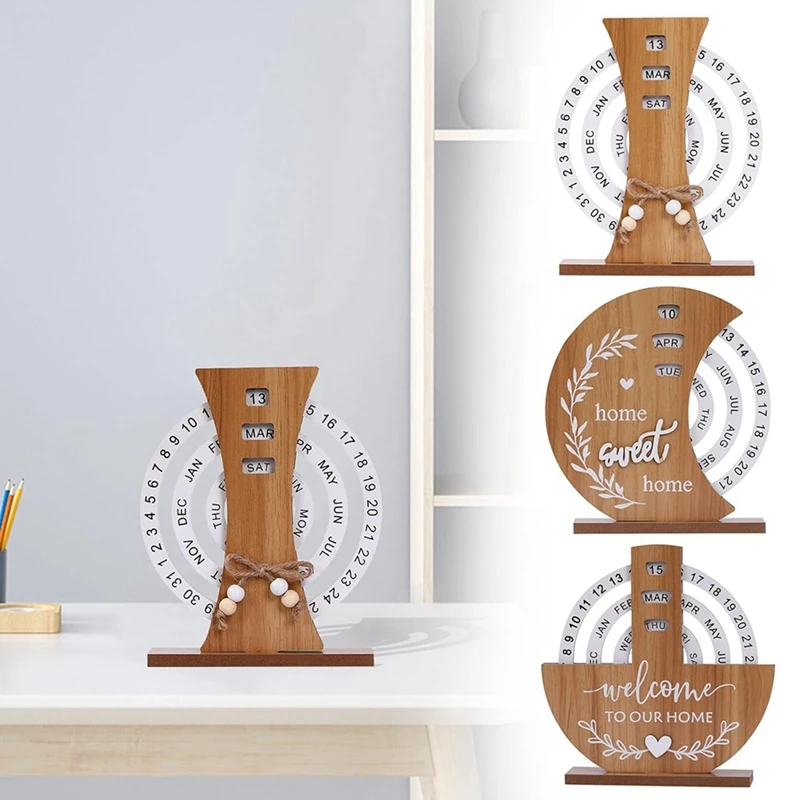 Wooden Calendar Home Porch Decoration Office Desktop Decoration Manual Rotating Desk Calendar Sweet House Durable Easy Install