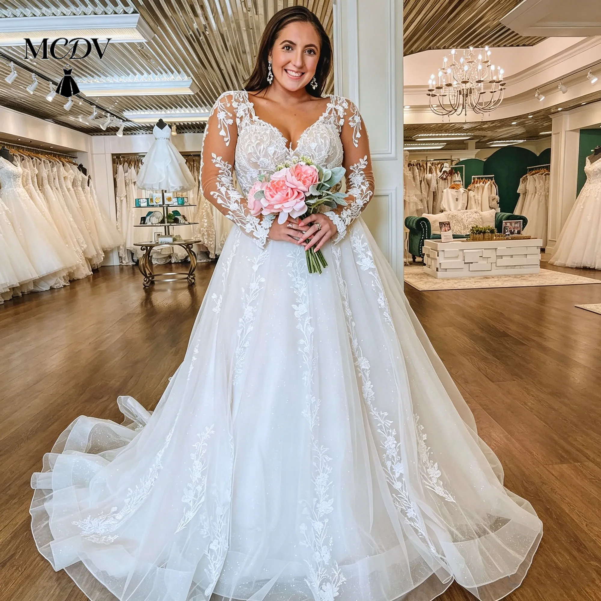 

Oversize Wedding Dresses Bride V-Neck Full Sleeve Applique Illusion Back Shiny Bride Gowns Eleagnt vestidos de noiva Customized