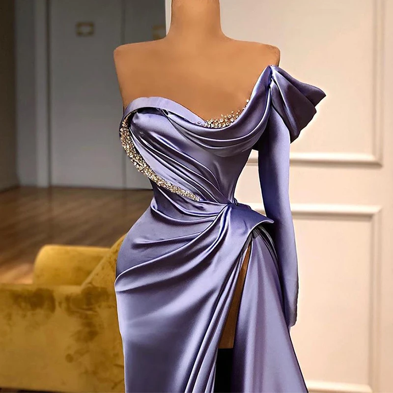 Robe De soirée en Satin à manches longues, Sexy, avec fente latérale haute, avec perles, Simple, 2023