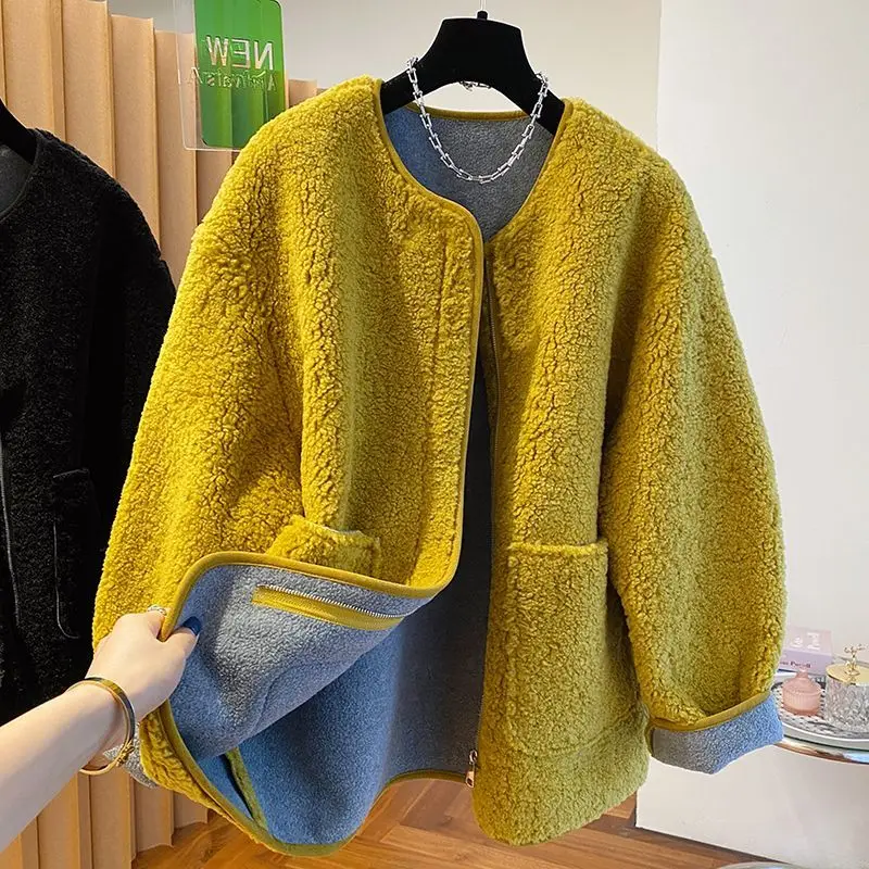 Chaqueta tipo cárdigan de manga larga para mujer con sensación de alta gama y top suelto de lana de cordero