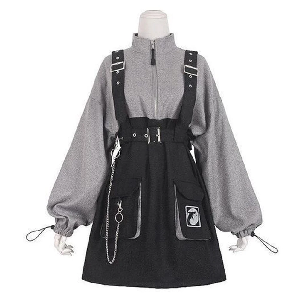 2023 Retro Vintage Women Gothic Clothes High Waist Long Sleeve Sexy Gry Black Plus Size 2xl Girls Punk Mini Lolita Dress Jurken