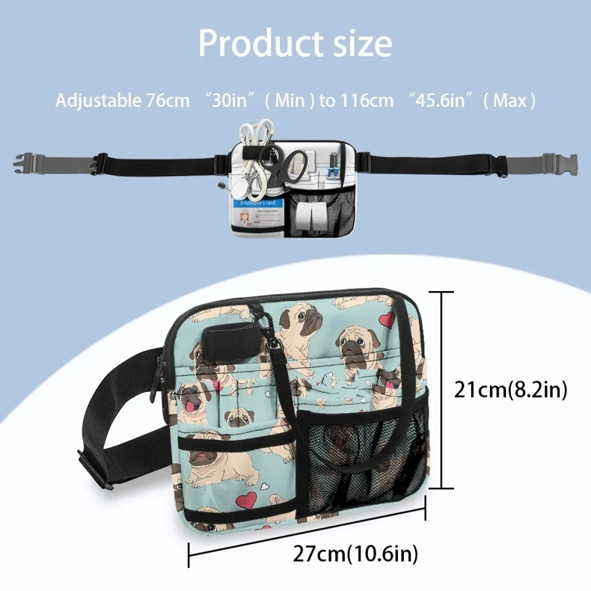 Pug Multi-bolso Fanny Pack, assistente físico, médico, enfermeira prática Hip Bags, presente personalizado para amantes de animais, fofo