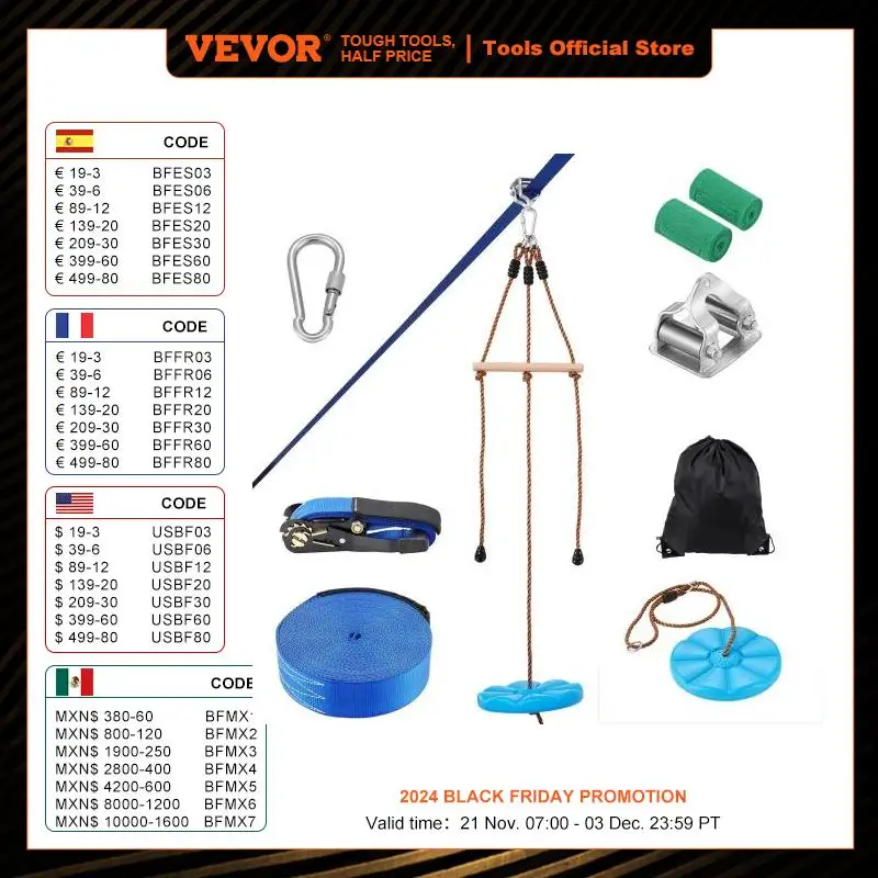 Kit Vevor Zip Line para Crianças e Adultos, Assento e Guiador de Quintal, Configuração Rápida, Exterior, Até 500 lb, 52 pés