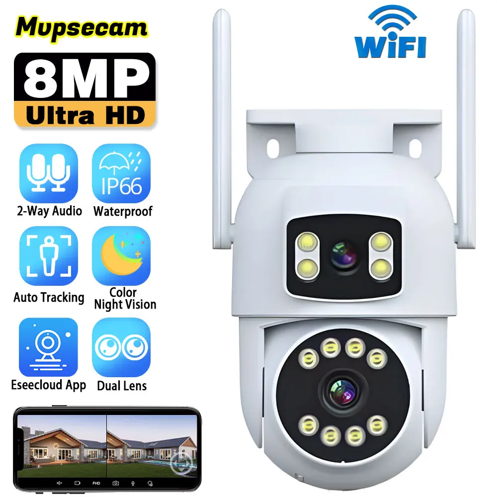 

Smart Home 8MP Dual Lens WIFI Security Camera PTZ Color Night Vision Outdoor Wireless CCTV Wi-Fi Surveillance Camera Eseecloud