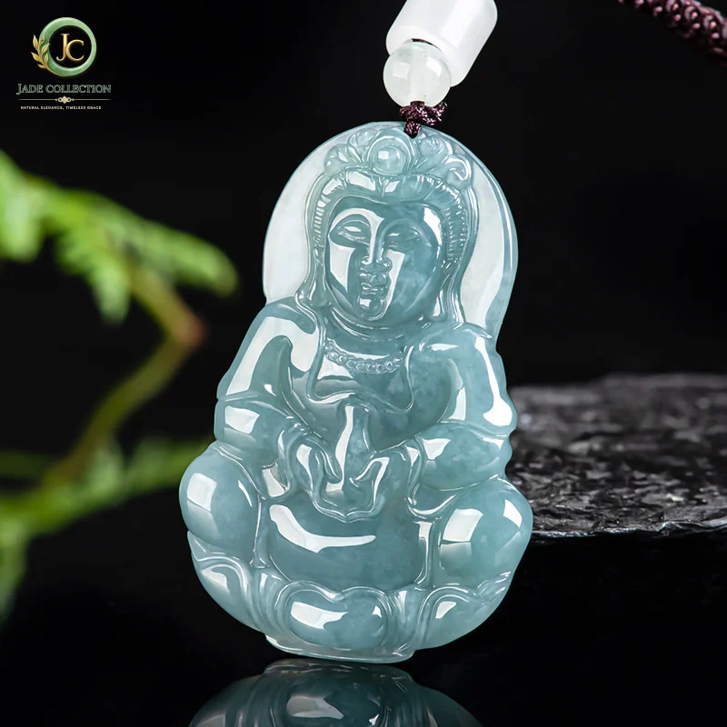 Genuine and naturalALarge Jadeite Blue Water Guanyin Pendant, Ice Jadeite Pendant, Unisex Style, for Protection and Peace