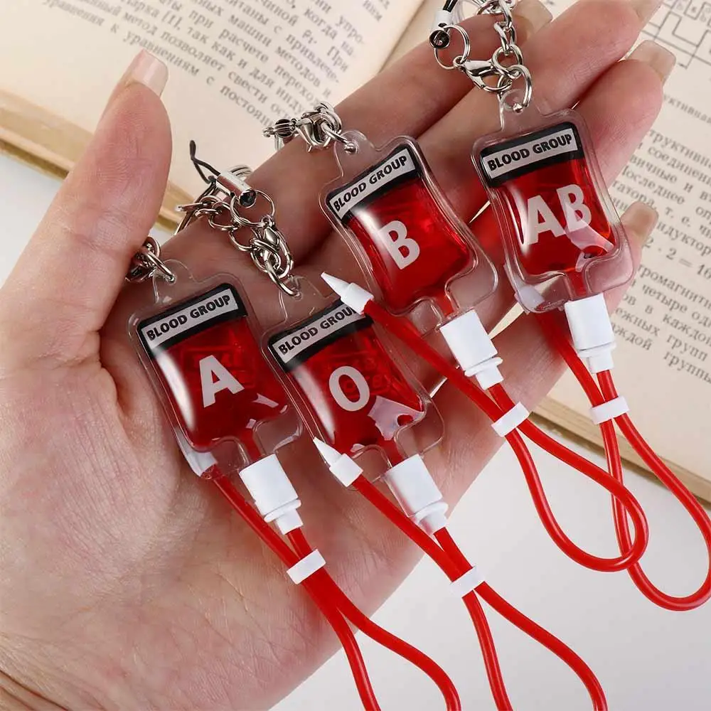 Type A B O AB Plasma Blood Bag Keychain Bag Charm Unique Mobile Phone Straps Fashion PVC Halloween Blood Pendant DIY Accessory