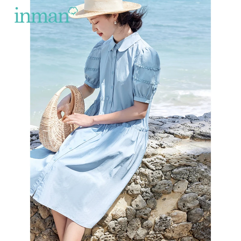 

INMAN Women Dress 2023 Summer Lace Puff Sleeve Doll Collar A-shape Loose Pleated Design Cute Chic Apricot Blue Mid-length Skirt