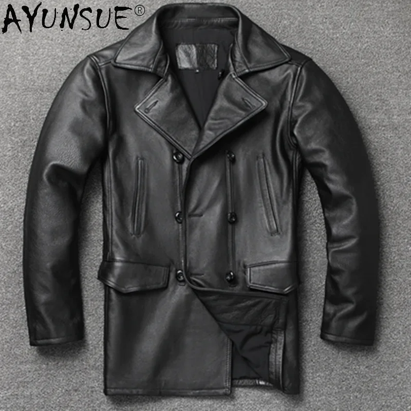 

AYUNSUE Genuine Cowhide Jacket Men Autumn Mens Leather Jackets Mid-length Coat Black Cow Leather Coats Veste Cuir Homme SGG995