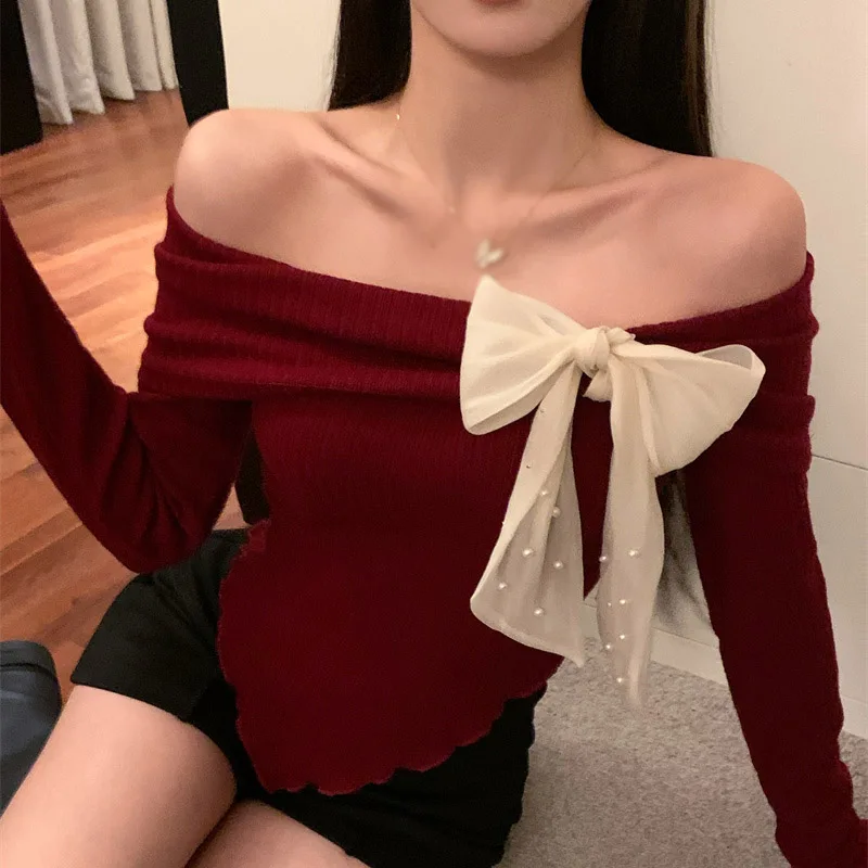 

Spring Autumn Women Sweater Off Shoulder Tie Bow Slim Fashion Irregular Christmas and Spring Festival Top