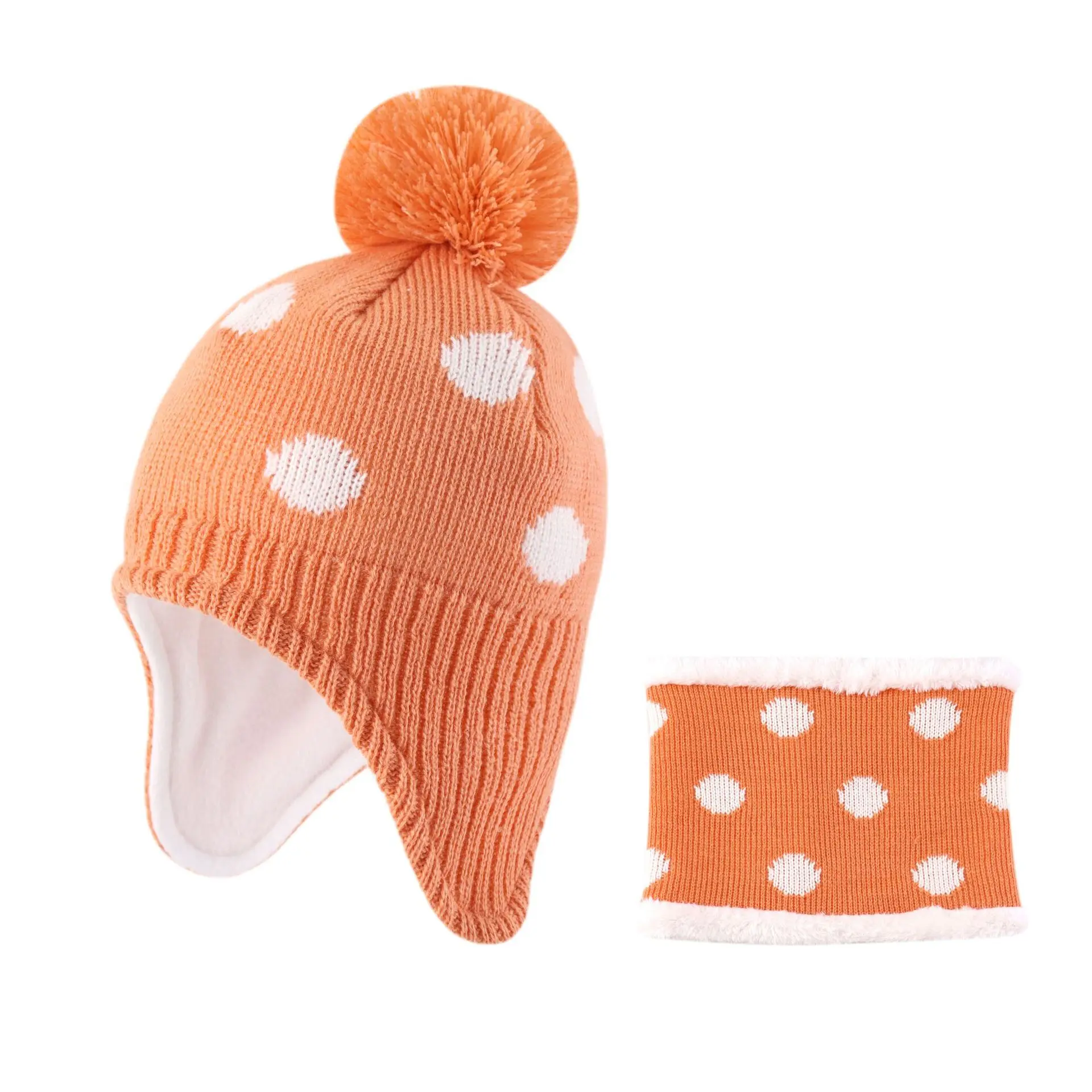 

Baby Knitted Winter Beanie Hat Scarf Set Infant Toddler Boys Girls Polka Dot Fleece Lined Earflap Pompom Hat Neck Gaiter Warmer