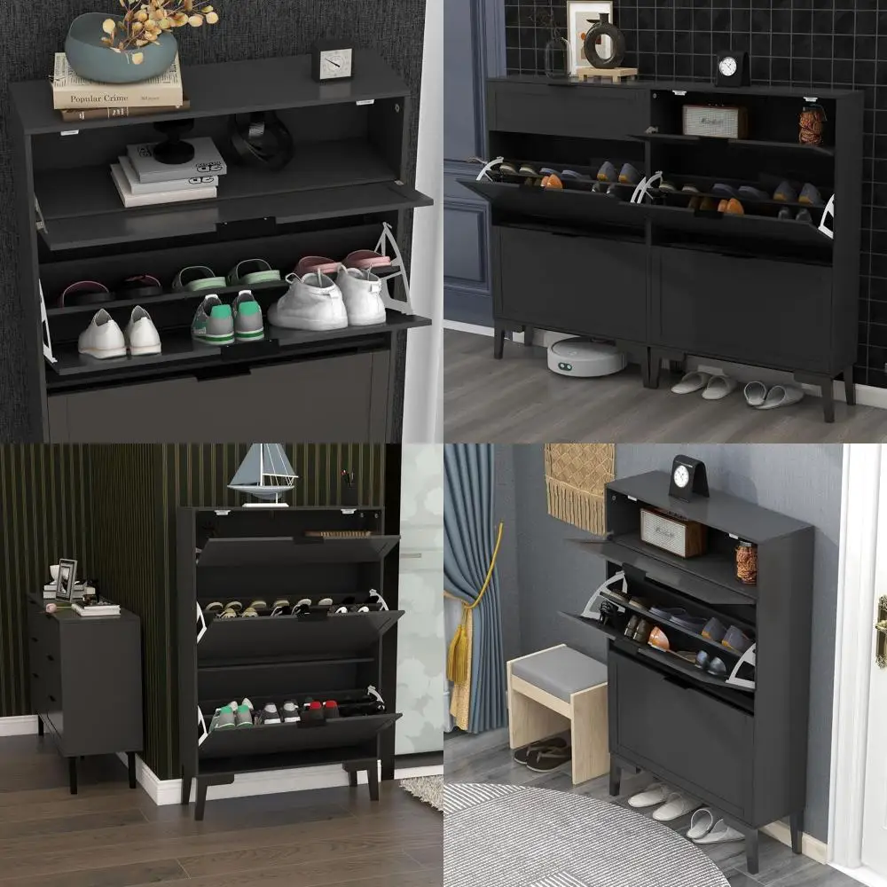 

Black Wooden 3-Tier Standing Shoe Cabinet for Entryway - Slim Design