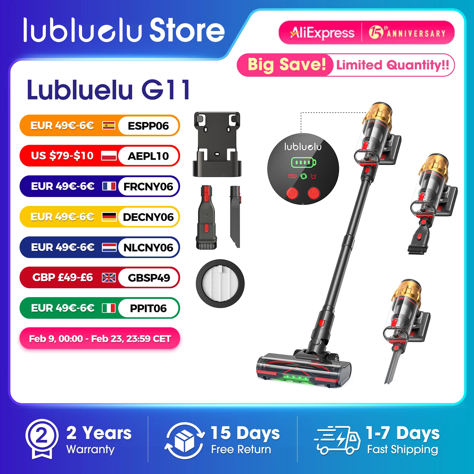 Lubluelu G11 Cordless Vacuum Cleaner 50KPA  50mis Long Running Time Floor Brush Automatically combs the hair to prevent tangling