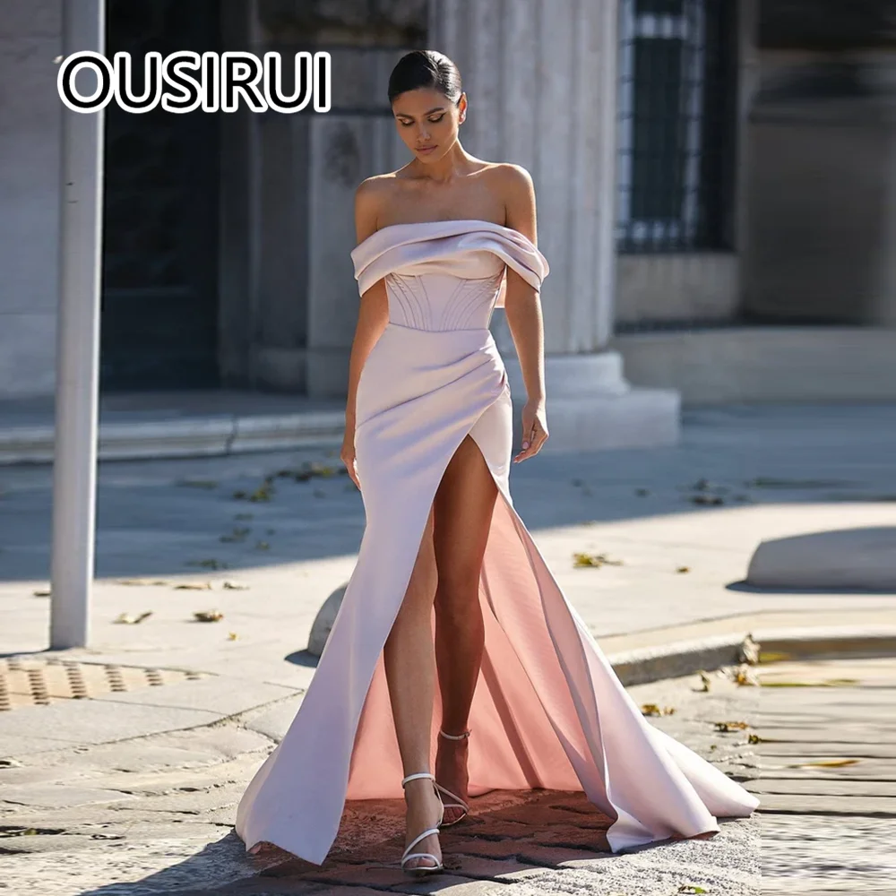 

Stunning Boat Collar Satin Pleated for Women Evening Party Gowns Sexy Mermaid Side Split Trian Backless and Lace up Bridesmaid