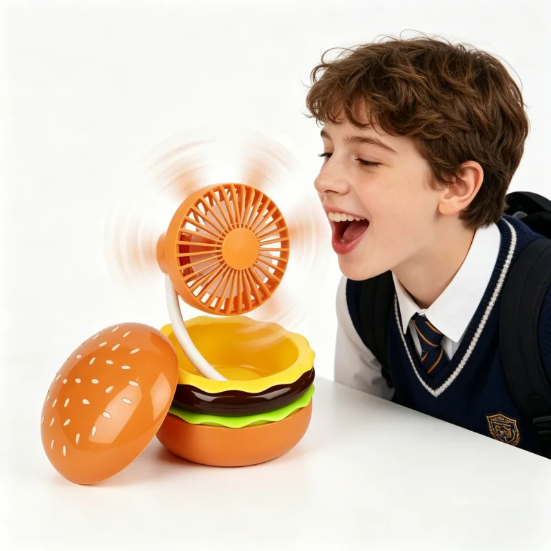 Mini ventilador recargable con forma de hamburguesa, adorno creativo para escritorio con espejo, 3 modos de velocidad, pequeño regalo para familiares y amigos en verano