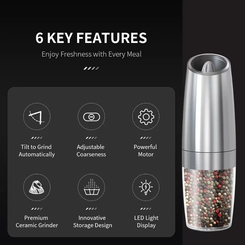 Gravity Sensing Electric Salt and Pepper Grinder Adjustable Coarseness Battery Powered Automatic Spice Grinders Kitchen Tools view 4