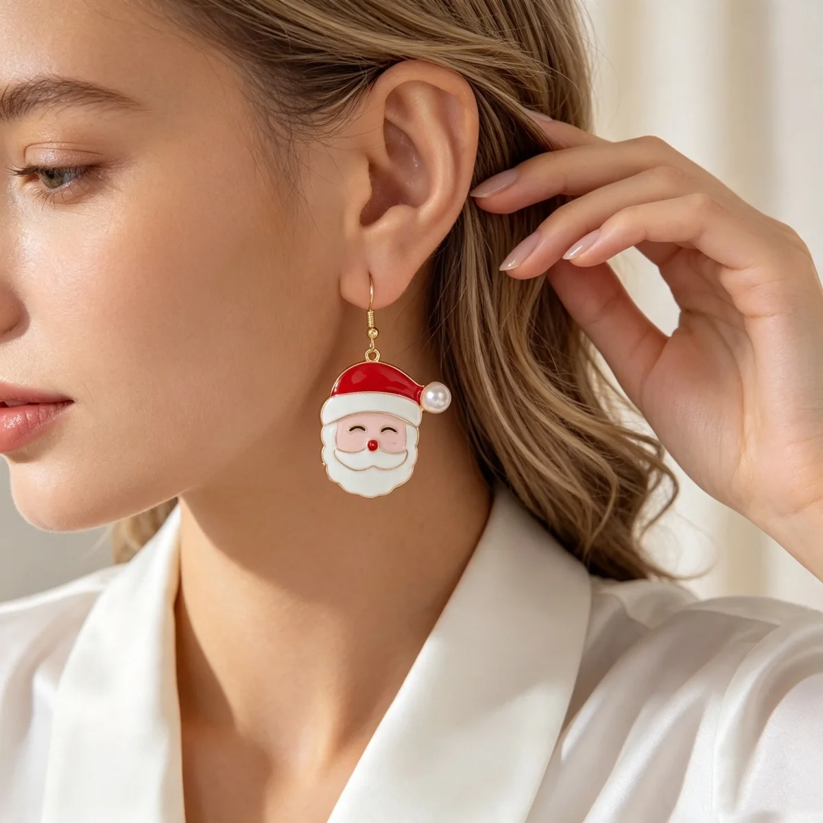 Niedliche, zwinkernde Weihnachtsmann-Ohrringe mit Bart für Damen, Cartoon-Lebkuchen-Weihnachtsbaum-Schleifen-Glühbirnen-Ohrringe, Schmuck – Detail 11