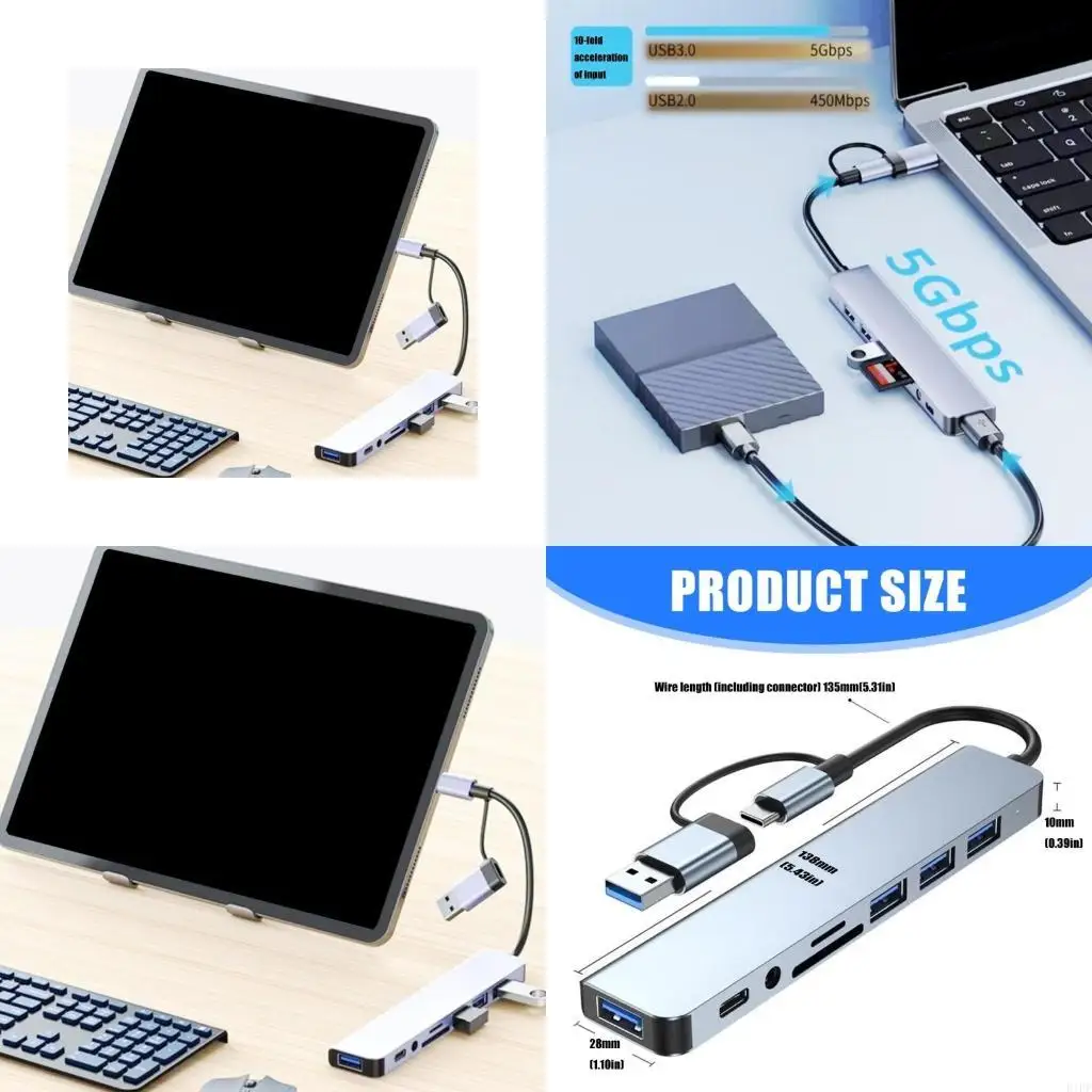 E1PF USB C HUB USB C/USB3.0 Adapter Docking Station with 3xUSB2.0+1xUSB3.0+1xType C Card Reader Adapter Laptop Dock