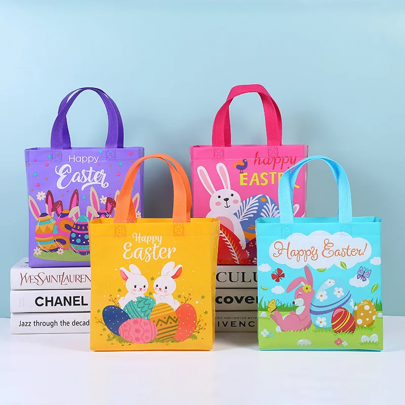 Easter Day Protable Gift Bag Cartoon Bunny Colorful Egg Non Woven Gift Bag Gift For Kids Happy Easter Party Decor Tote Candy Bag