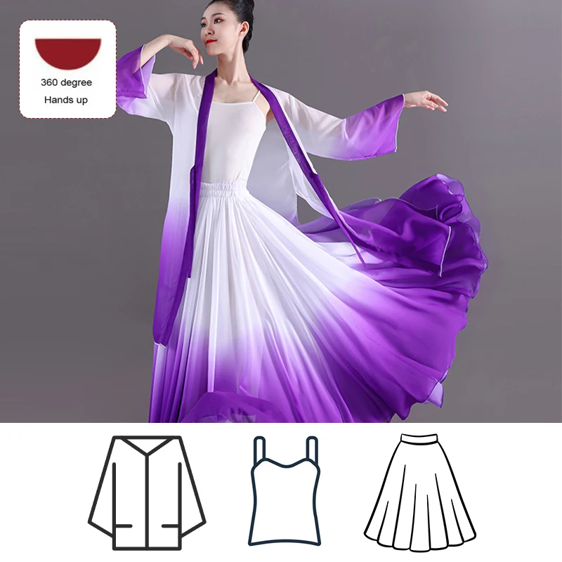 NONE 3-teiliges Set Damen Elegantes Klassisches Tanzkleid mit Oberteil, Trägerkleid, Volkstanz-Farbverlauf-Tanzrock, Ballett-Tanzkostüm 7