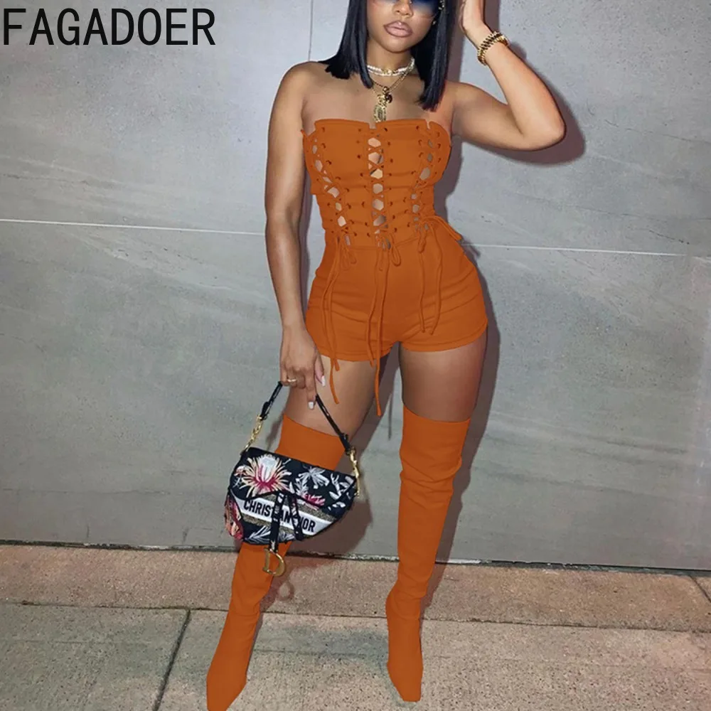 FAGADOER Fashion Hollow Out Lace Up Bodycon Rompers Women Off Shoulder Sleeveless Backless Slim Jumpsuits Sexy Female Streetwear