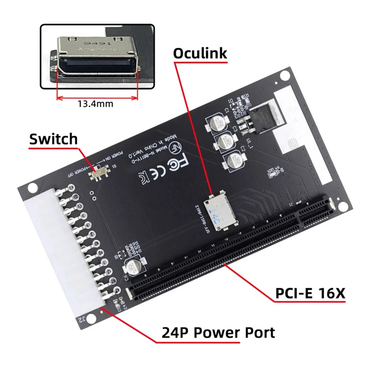 4X Oculink SFF-8612 SFF-8611 to PCIE PCI-Express 16X Adapter with ATX 24Pin Power Port for Mainboard Graphics Card