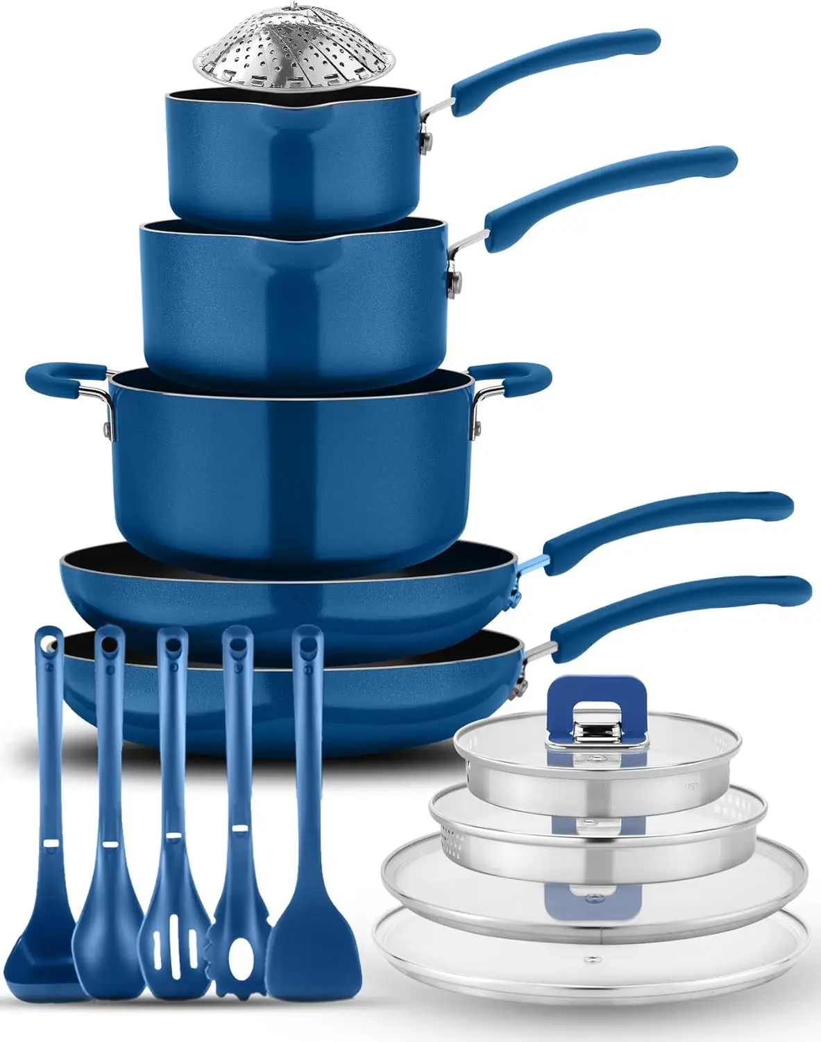 

Kitchenware Cookware, Non-Stick Pans, and Pots with foldable Knob, Space Saving, Stackable, Nylon -Tools, Induction Base, Brown,