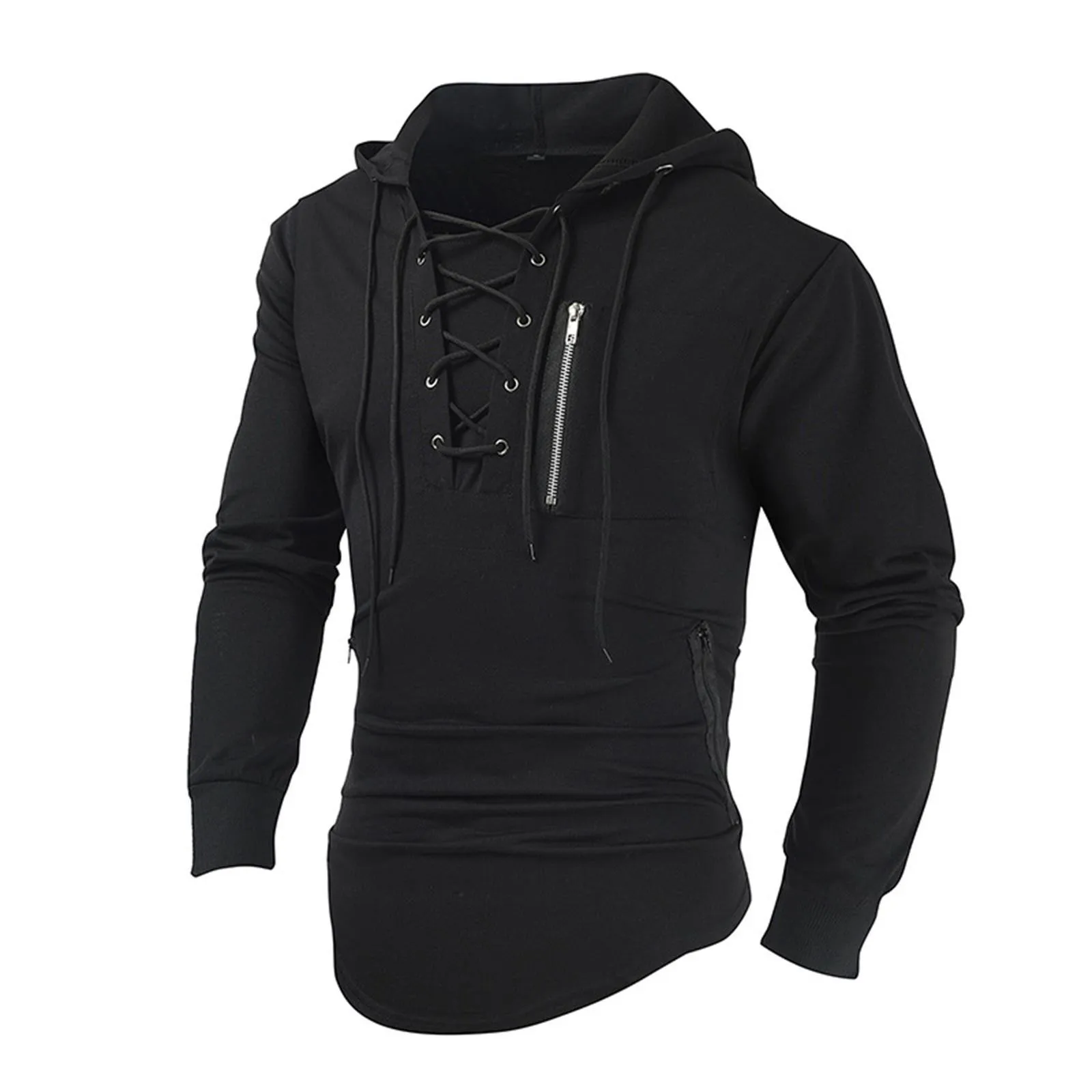 

2024 Men's Spring And Autumn Hoodie Solid Color Lace Up Zipper Pocket Sports Street Clothing Hooded Plain Sweatshirt for Men