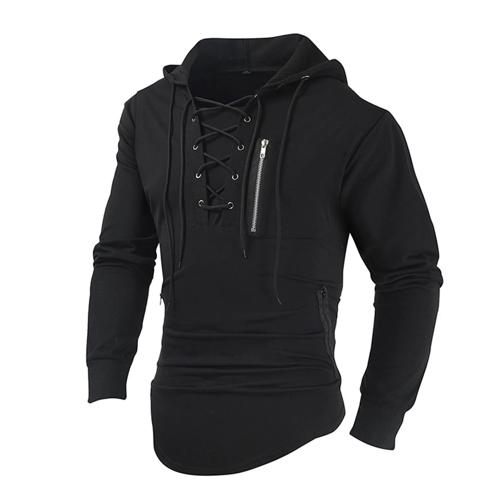 2024 Men's Spring And Autumn Hoodie Solid Color Lace Up Zipper Pocket Sports Street Clothing Hooded Oversized Hooded Sweatshirt