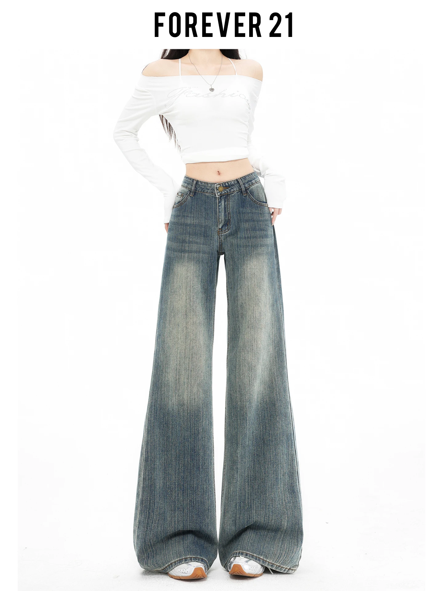 Jeans Americanos Retro de Cintura Baja y Pierna Recta para Mujer, Corte Ajustado, Holgados, Forma de Pera, Largos hasta el Suelo, Forever 21, Azul Denim