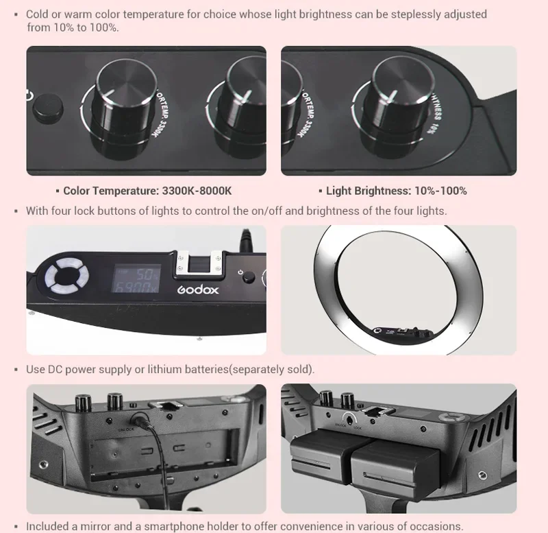 Godox-LEDリングライト,メイクアップミラー,バイカラー,3300〜8000K, 18Wビデオ,セルフィー,フィルライト,ライブ撮影,lr160
