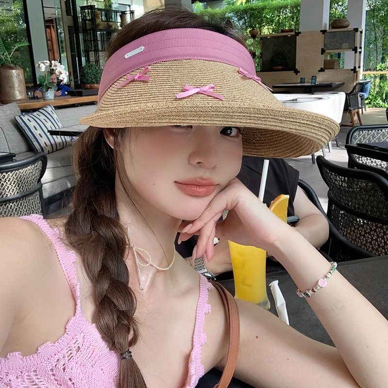 

2024 New Original Bow Straw Sun Hats for Women in Summer Big Brim Sun Protection Seaside Beach Vacation Fashion Empty Top Caps