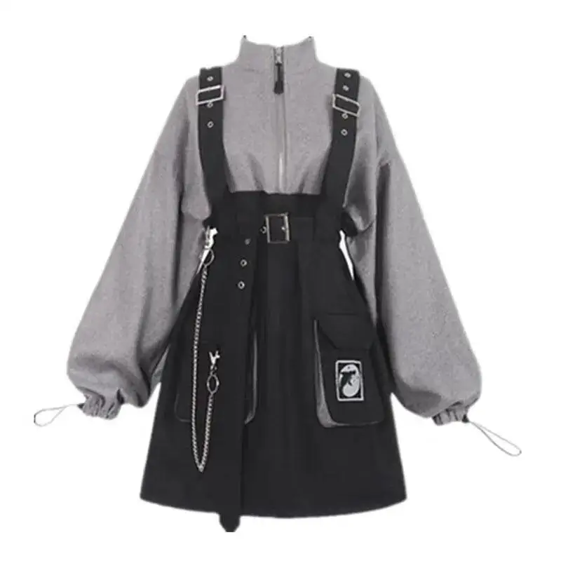 Plus Size Chubby Girl Plus size 50.00kg Preppy Dark Sweet Cool Over fit hoodie Dress + Detachable Strap Belt Set