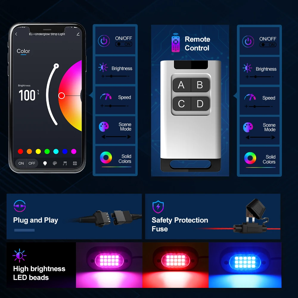 Lampu Neon Bawah Bodi Suasana Dekoratif Otomatis Kontrol Suara Jarak Jauh Aplikasi RGB 12V Lampu Neon Bagian Bawah Bodi Mobil LED Simfoni