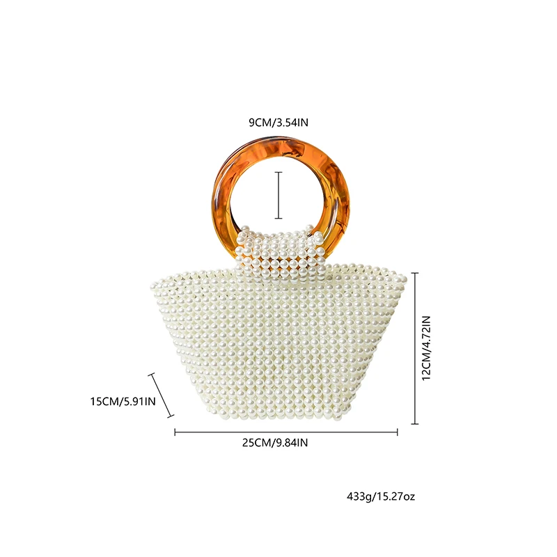 حقيبة يد من الخيزران ذات حلقة مزدوجة مصنوعة يدويًا من نسيج اللؤلؤ المقلد وحقيبة حفلات العشاء