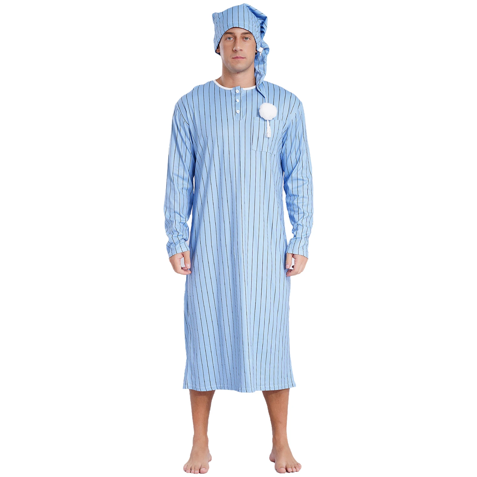 Robe de nuit rayée pour hommes, ensemble avec chapeau, Robe longue à manches longues et pompon, chapeau de sommeil réglable, Robe de Cosplay d'halloween arabe musulmane