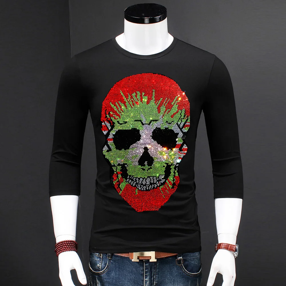 2024 New Vivid Green Skull Diamond Cotton T-Shirts Short Sleeve Tops For Men's Graphic T Shirts Men Long Sleeve Tees S-5XL Tees