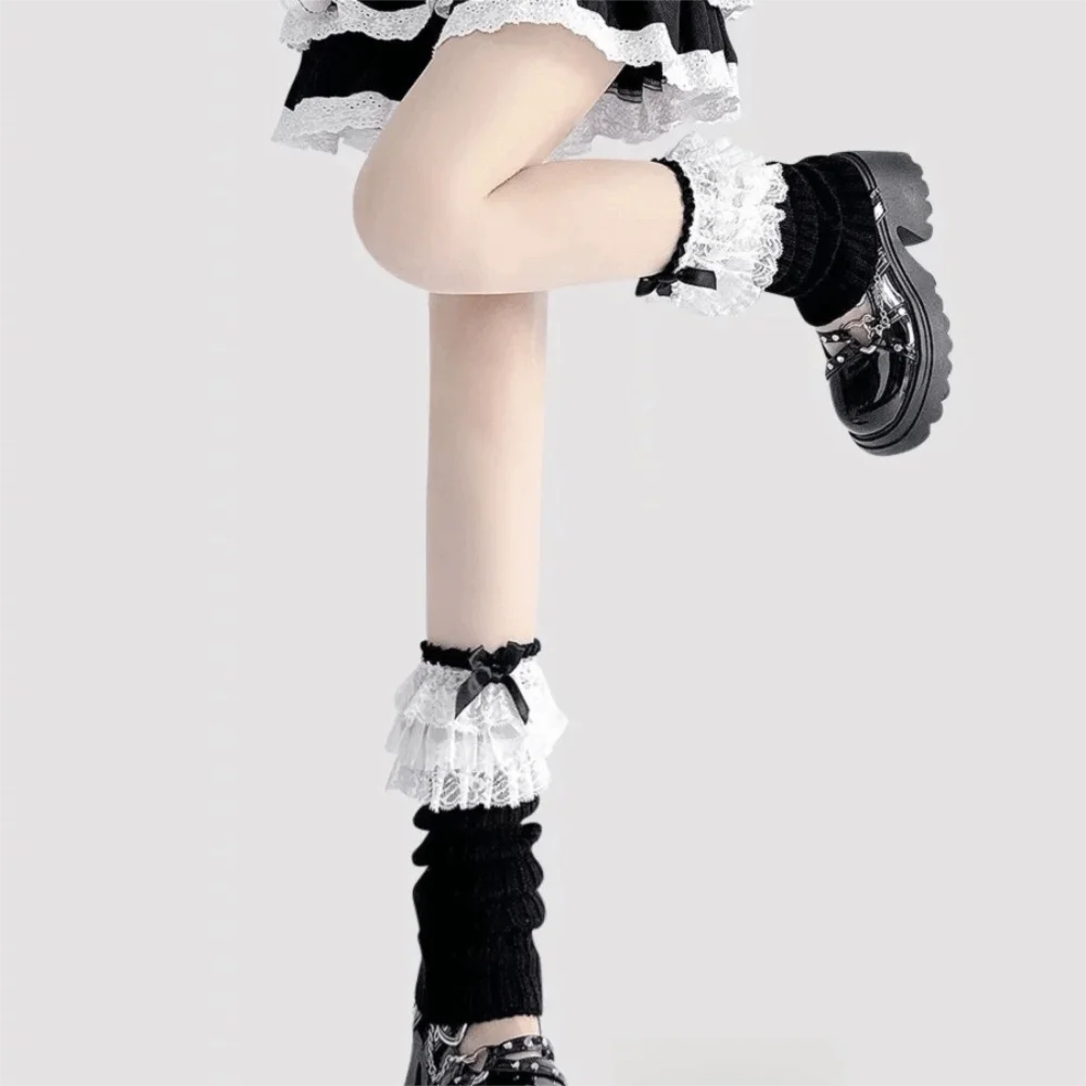New Ruffled Bow Lace Leg Warmers Tiered Sweet Gothic Style Calf Leg Warmers Lace Trim Foot Warmer Girls Women