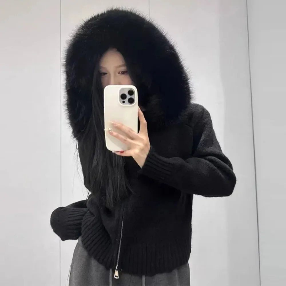 Reality Fur Coat Cardigan Women Spring Fashion Knitted Jacket Female Autumn Knitwear Hooded Real Fox Fur Coat Natural Casual
