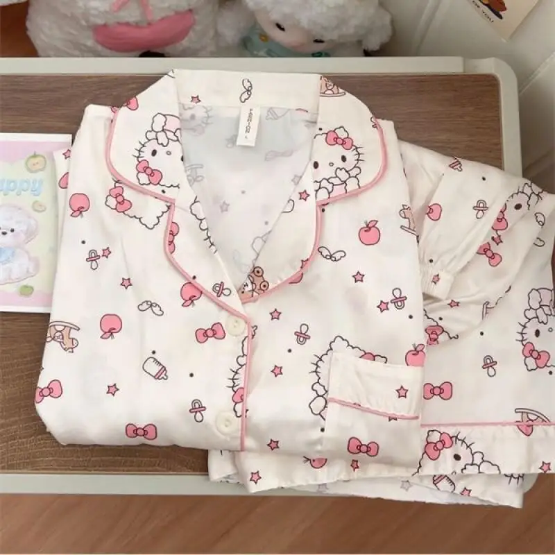 

Sanrio Hello Kitty Pajamas Set Cotton For Women Home Lounge Summer Japanese Style Loose Short Sleeve Short Pants Two Piece