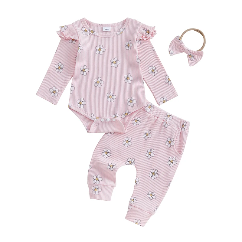 

Baby Girls 3PCS Pants Sets Long Sleeve O Neck Floral Print Romper Pants Headband Sets