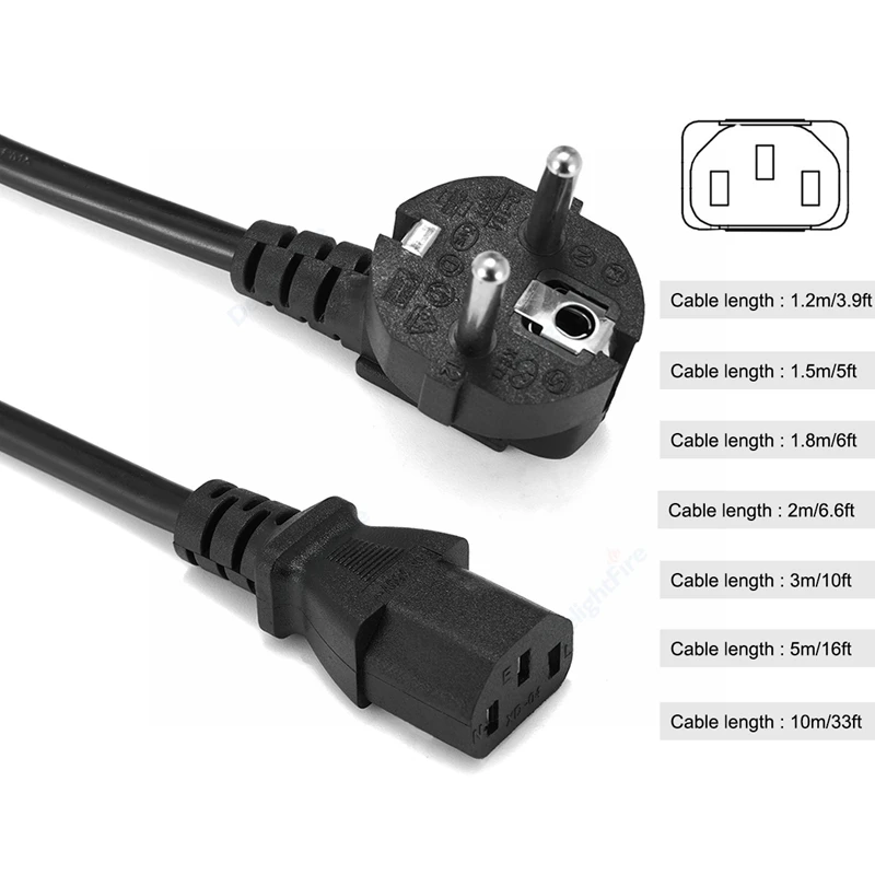 EU Extension Cable 1.5/2/3/10m 10A IEC C13 Power Supply Adapter Cord For Dell Desktop PC Computer Monitor DJ Studio Lights TV